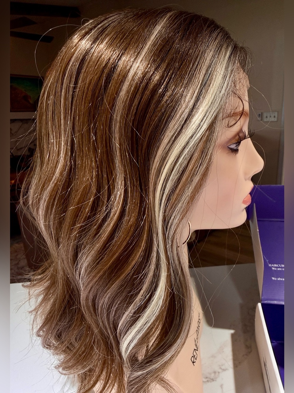 HAIR, 16” Wavy Bob, Center Part, Lace Front Medium Brown Blonde Highlights